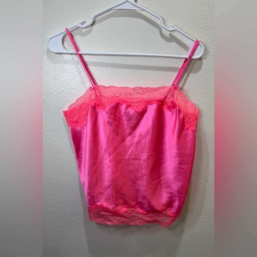 Victoria's Secret Y2K Vintage Neon‎ Pink Satin Lace Top Size M
